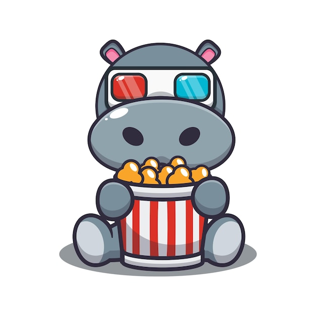 ポップコーンを食べて3d映画を見るかわいいカバかわいい動物の漫画イラスト