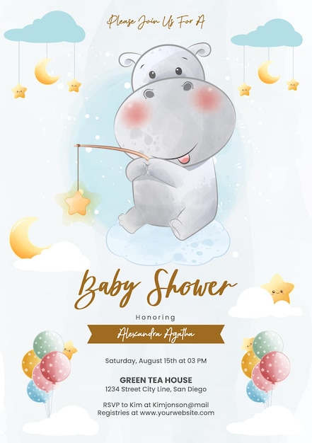 Cute hippo fishing for stars in watercolor style baby shower invitation