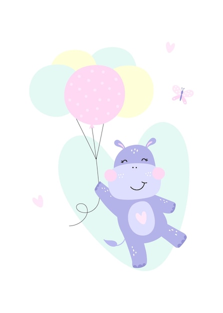 Cute hippo flying on balloons Kids print Vector Illustration