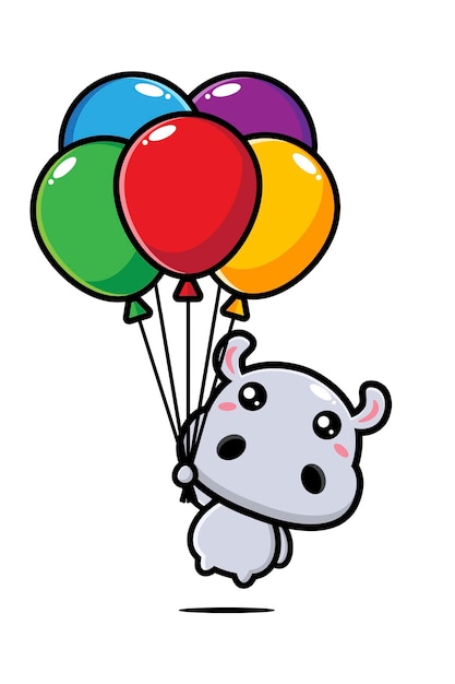 Cute hippo flying with balloons