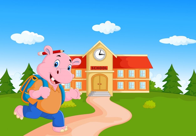 Vector cute hippo go to school