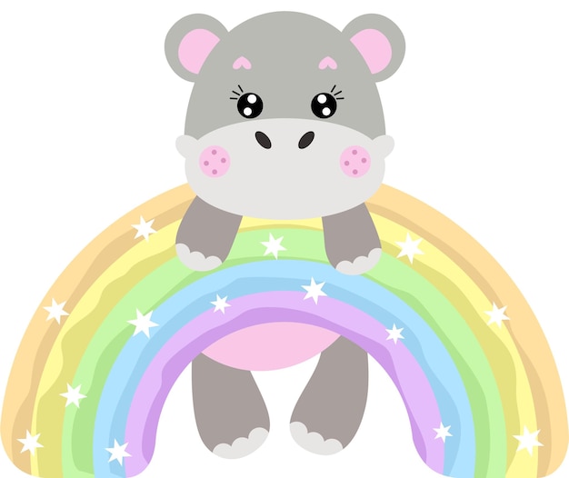 Cute hippo hanging on magic rainbow