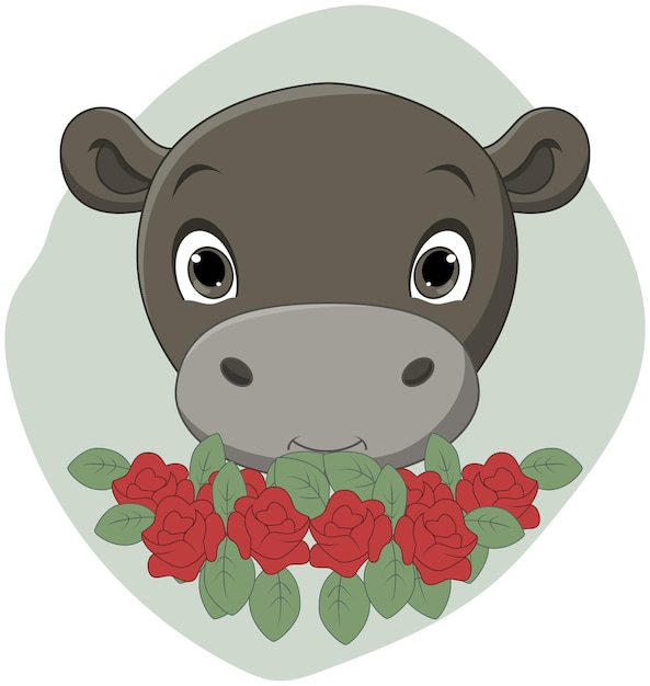 Simpatico cartone animato testa di ippopotamo con fiori