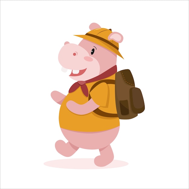 Cute hippo hippopotamus animal adventure cartoon character, flat vector illustration kids product