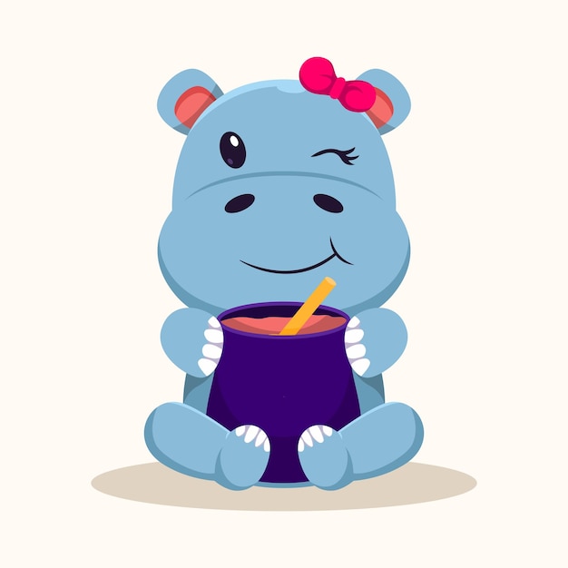 Cute Hippo Holding the Cauldron Cartoon Illustration