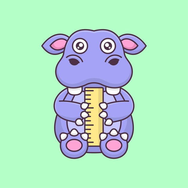 Cute hippo holding a ruler sitting at school cartoon vector illustration animal icon