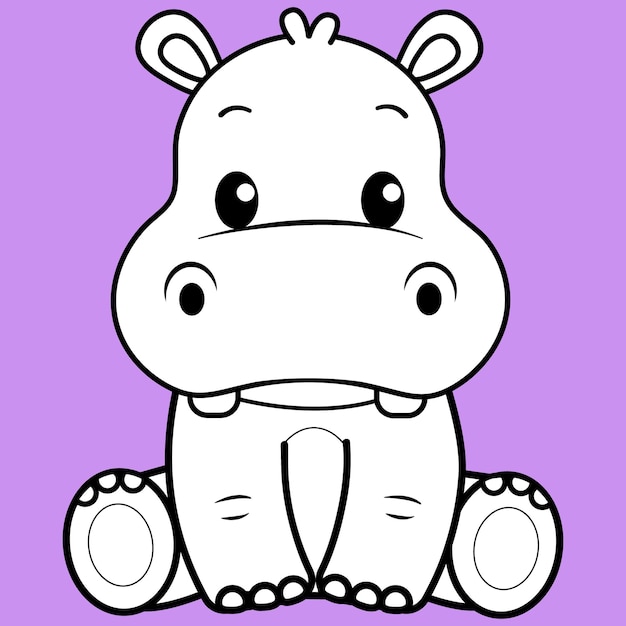 Vettore cute hippo, kawaii hippo contorno bianco e nero per libro da colorare.