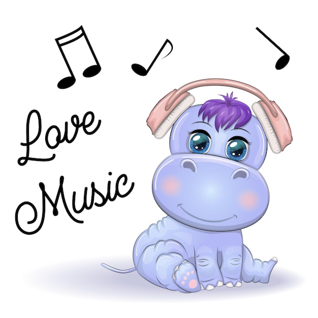 Vector cute hippo listening music with headphone cute animal cartoon illustration