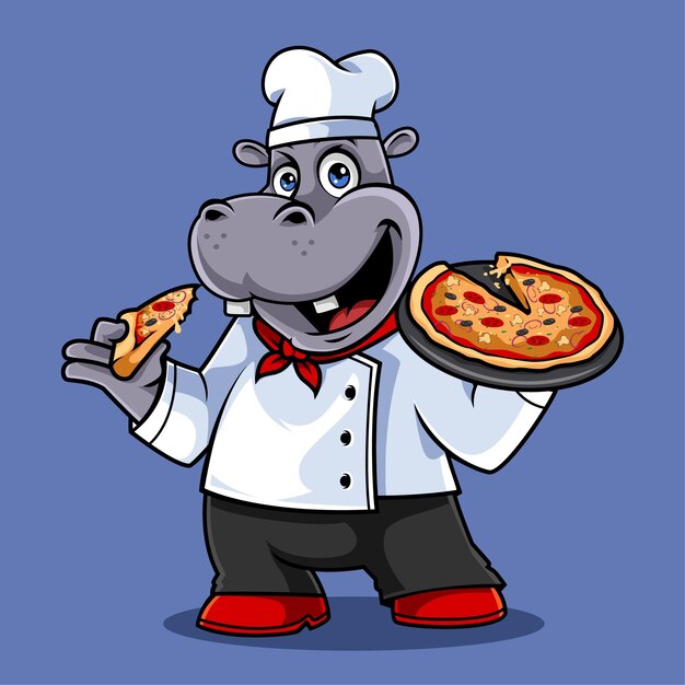 Cute hippo pizza chef vector icon illustration