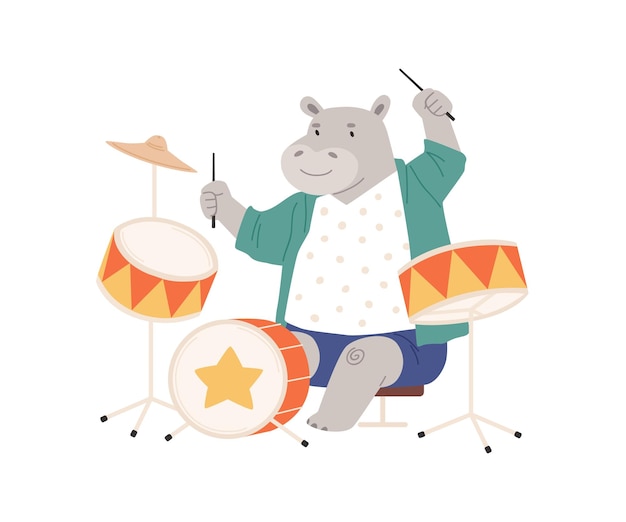 Cute hippo playing on drums. Happy animal musician performing music on drumkit. Funny hippopotamus sitting with drumsticks. Colored flat vector illustration isolated on white background.