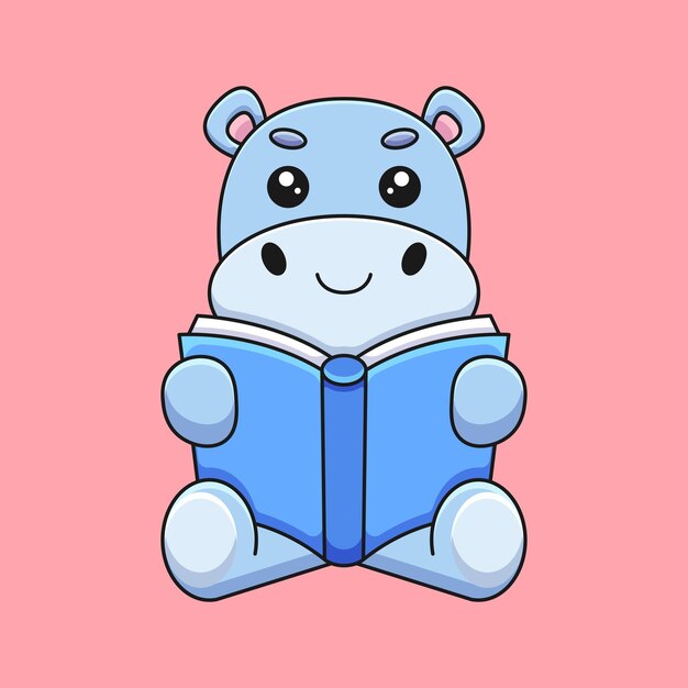 Cute hippo reading book cartoon mascot doodle art hand drawn concept vector kawaii icon illustration