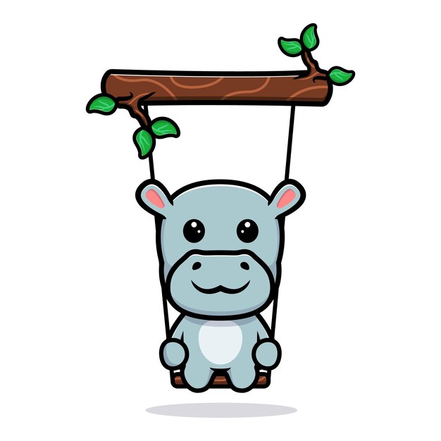 Cute hippo swinging on tree mascot design