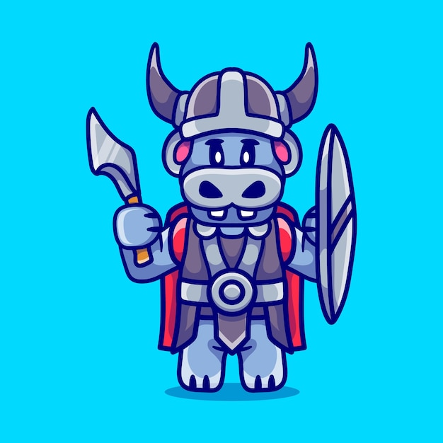 Vector cute hippo viking with ax and shield