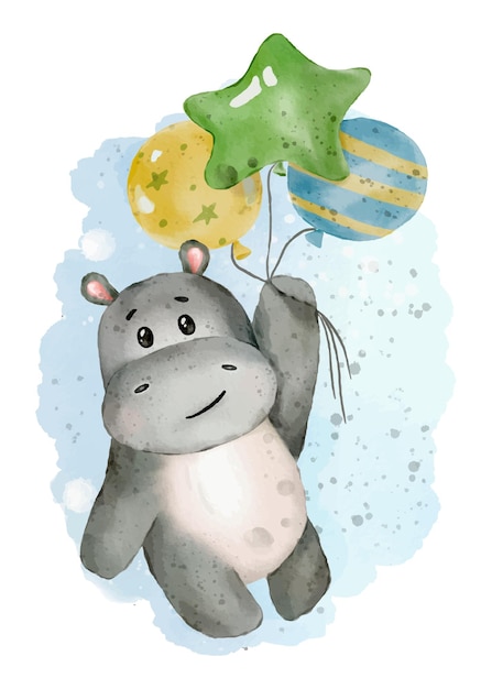 Vector cute hippo with balloon watercolor illustration hand drawn