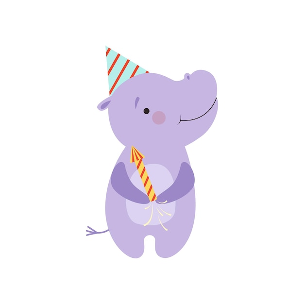 Cute hippo with a party popper lovely cartoon animal character design template can be used for new