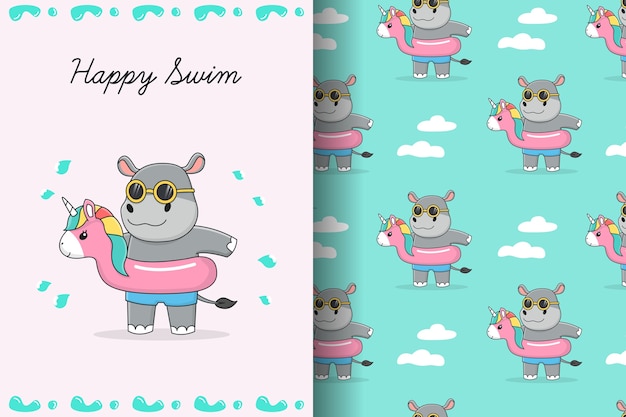 Cute hippo with pink unicorn swim ring seamless pattern and card