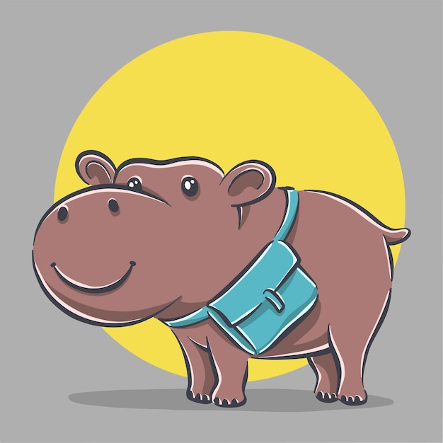 Vector cute hippo with school bag cartoon icon illustration