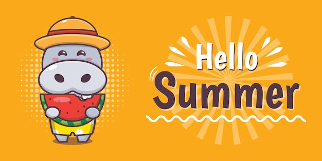 cute hippo with summer greeting banner