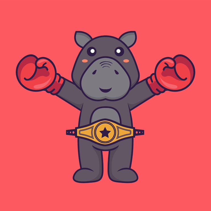 Vector cute hippopotamus in boxer costume with champion belt. animal cartoon concept isolated.