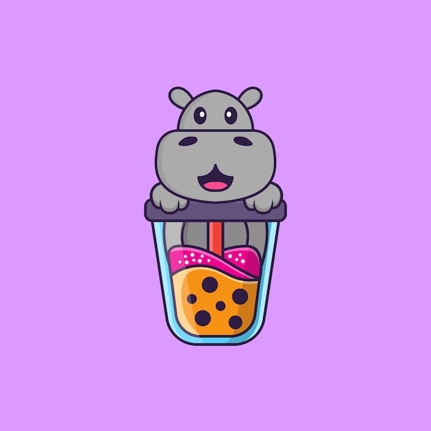 Cute hippopotamus drinking boba milk tea animal cartoon concept isolated