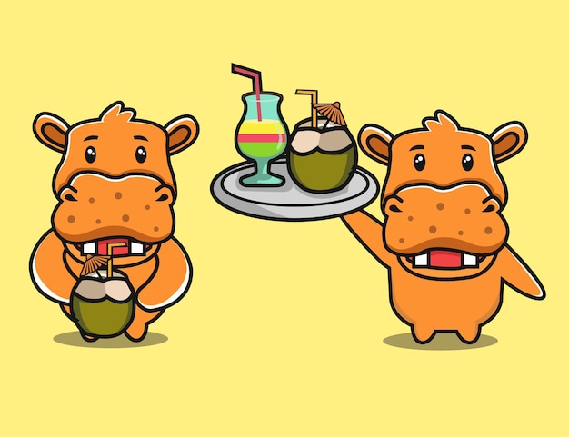 Vector cute hippopotamus drinking coconut cartoon