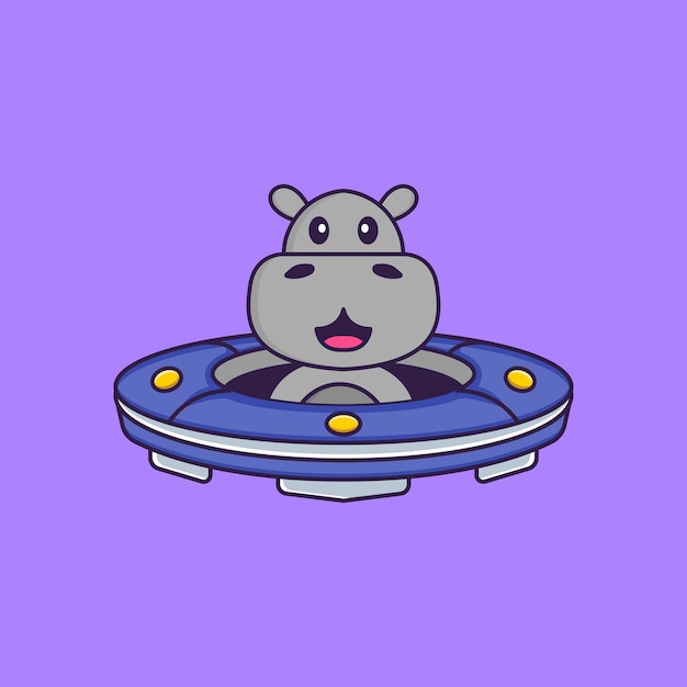 Cute hippopotamus driving spaceship ufo. animal cartoon concept isolated. flat cartoon style