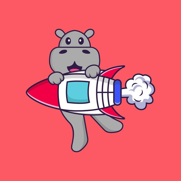 Cute hippopotamus flying on rocket. Animal cartoon concept isolated. Flat Cartoon Style