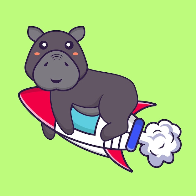 Cute hippopotamus flying on rocket. Animal cartoon concept isolated.