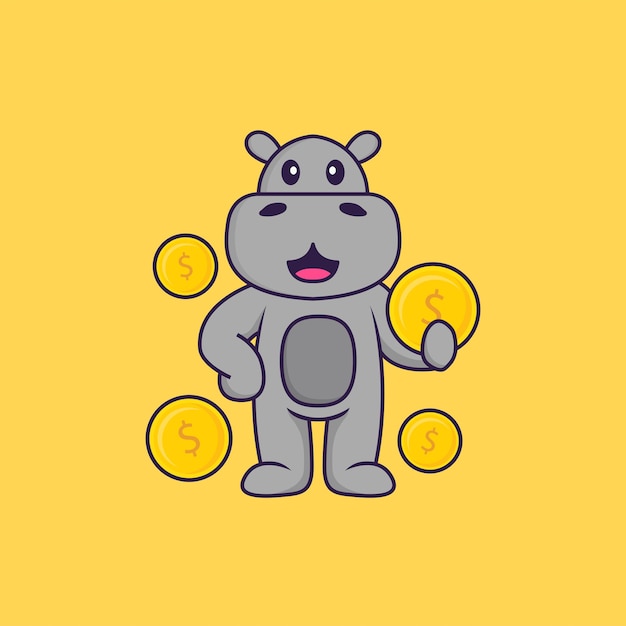 Cute hippopotamus holding coin. Animal cartoon concept isolated.