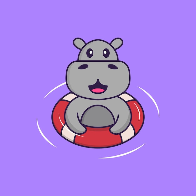 Cute hippopotamus is swimming with a buoy. animal cartoon concept isolated. flat cartoon style