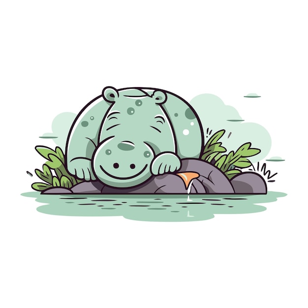 Cute hippopotamus sitting on the rock Vector illustration