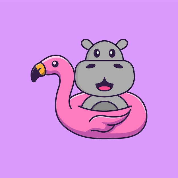 Cute hippopotamus with flamingo buoy. animal cartoon concept isolated. flat cartoon style