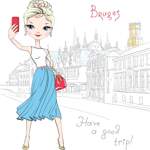 Ragazza carina hipster fa selfie a bruges, belgio