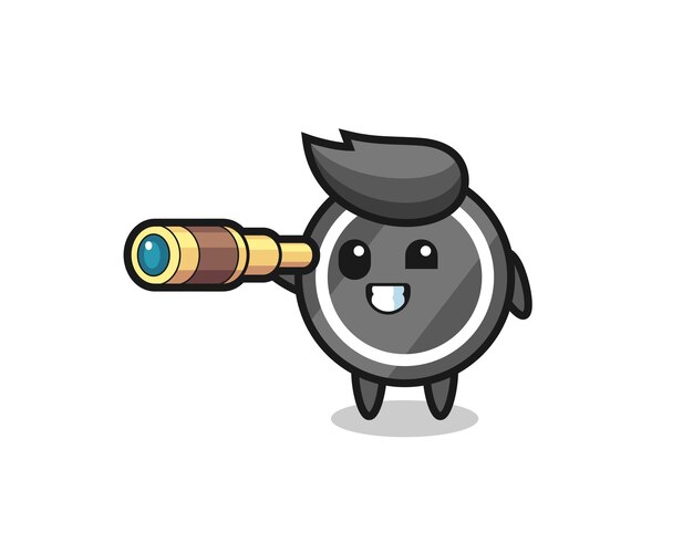 かわいいホッケーパックのキャラクターが古い望遠鏡を持っています