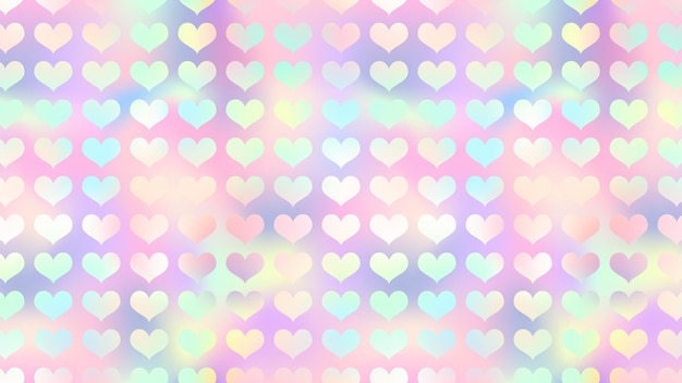 Cute holographic rainbow heart background vector love hearts neon texture on soft pink gradient