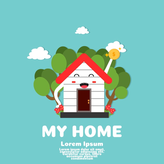 Vector cute home cartoon vector. saving money to buy home