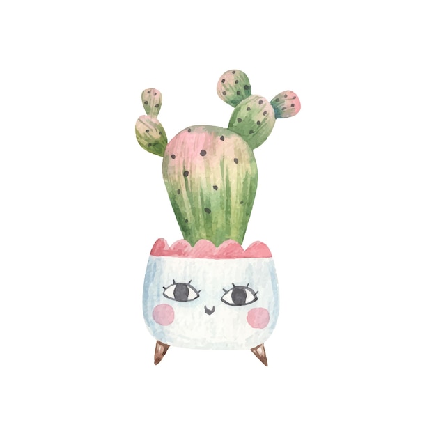 Cute home plant, potted flowers with faces, cute watercolor illustration