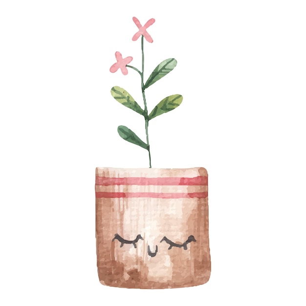 Cute home plant, potted flowers with faces, cute watercolor illustration