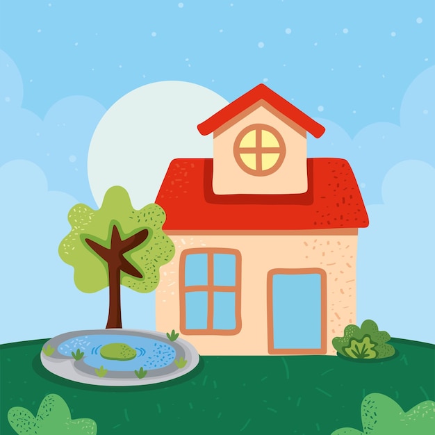 Vector cute home and tree scene