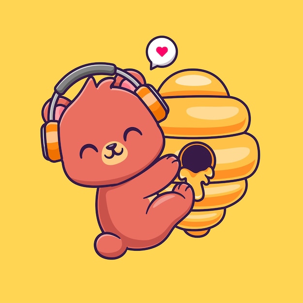 Vector cute honey bear hug beehive honey with headphone cartoon vector icon illustration animal nature