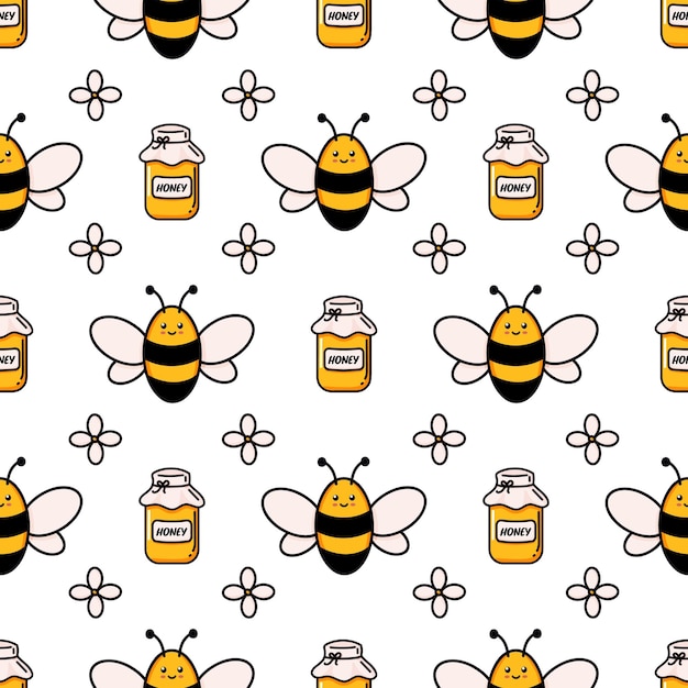 Cute honey bee seamless pattern Vector doodle cartoon beehive flowers and honeycombs illustration