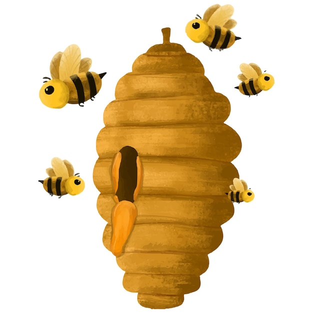 Cute honey bee at their hive illustration