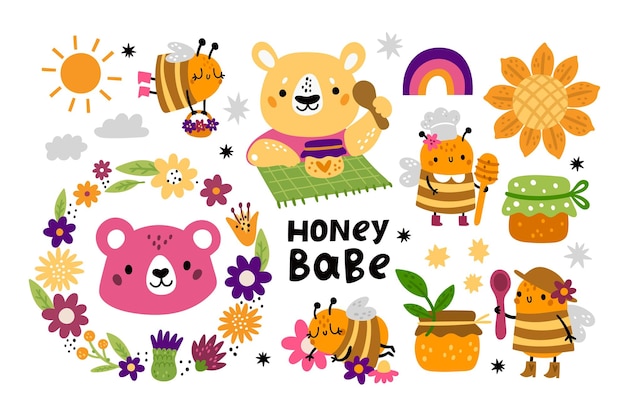 Cute honey bees Kids funny characters Cartoon animals and honeybees Flying insects Bears with pot and spoon Natural sweet products Flowers and sky elements Vector beekeeping set