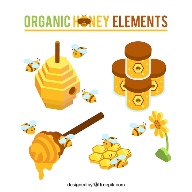 Cute honey objects with bees in isometric style