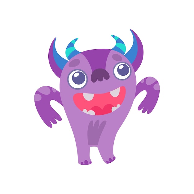 Cute Horned Monster Funny Purple Alien Cartoon Character Vector Illustration on White Background