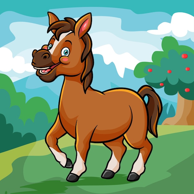 Cute horse cartoon isolated on wonder full farm