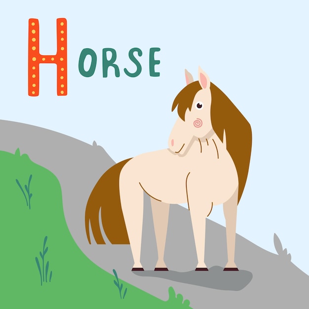 Cute horse cartoon vector illustration on road Cute and funny farm horse with friendly face