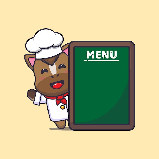 cute horse chef mascot cartoon character with menu board