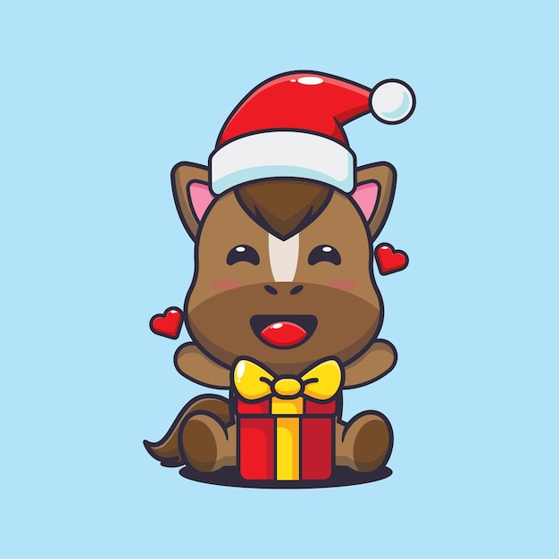 クリスマス プレゼントに満足しているかわいい馬。かわいいクリスマス漫画イラスト。