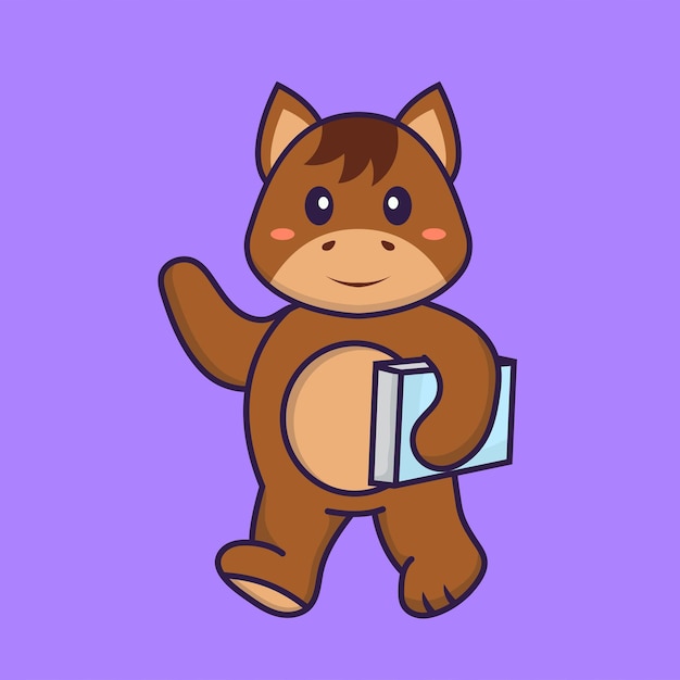 Vector cute horse holding a book. animal cartoon concept isolated.